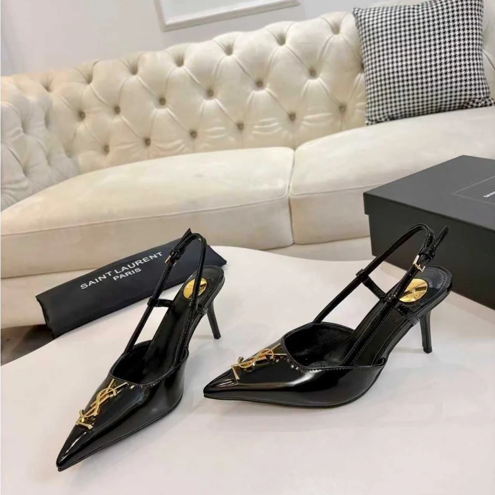 Saint Laurent Black Patent Slingback Heels with Gold Logo - Picture 7 of 7